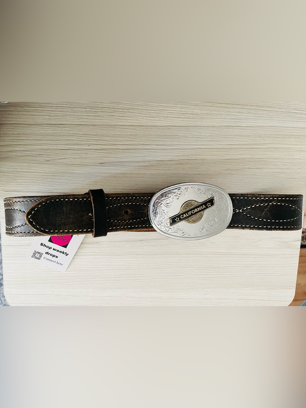 Vintage California Silver Buckle Brown Leather Belt